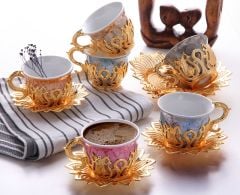 AHSEN TİRYAKİ DESENLİ KAHVE SETİ ALTIN