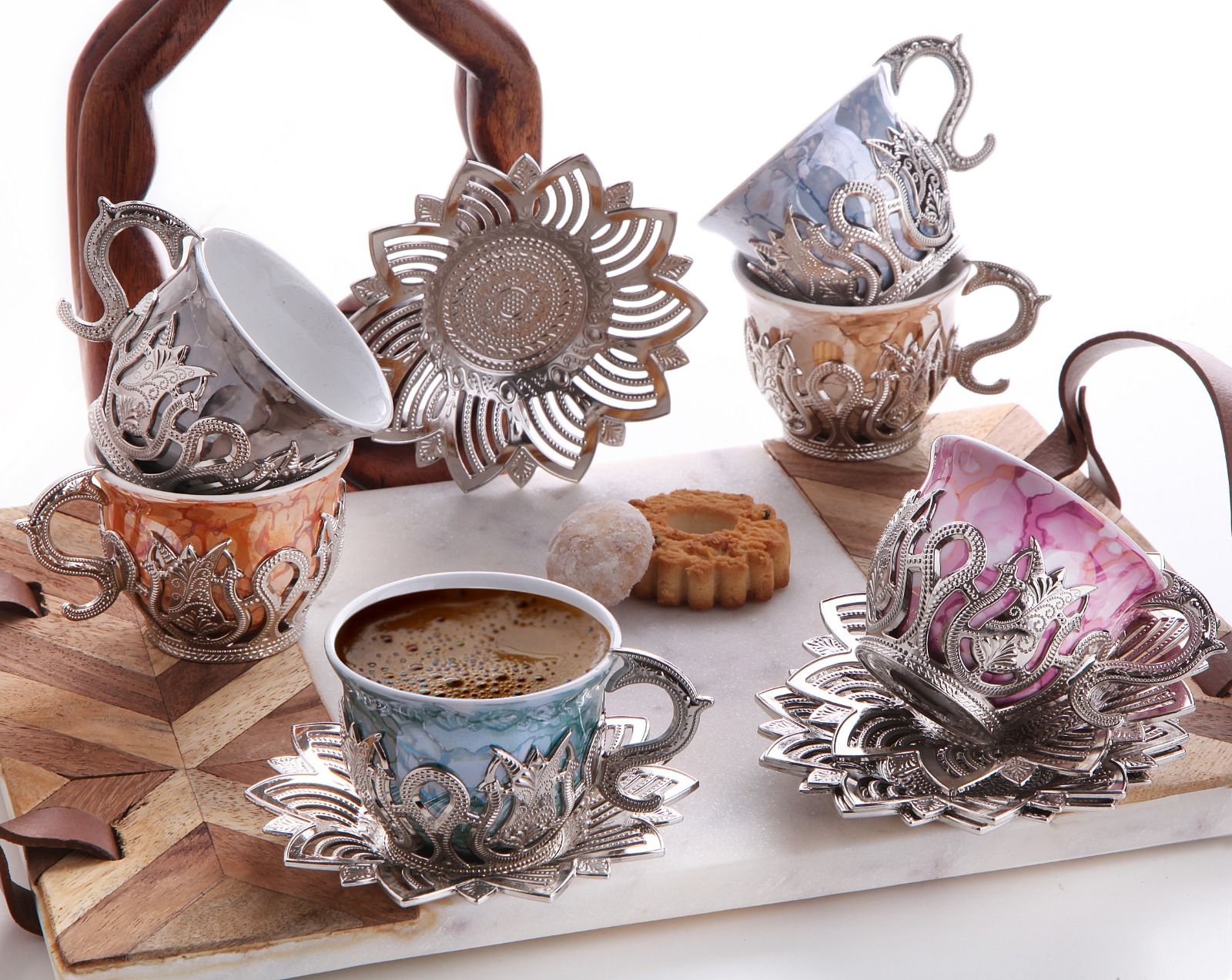 AHSEN TİRYAKİ DESENLİ KARIŞIK KAHVE SETİ GÜMÜŞ