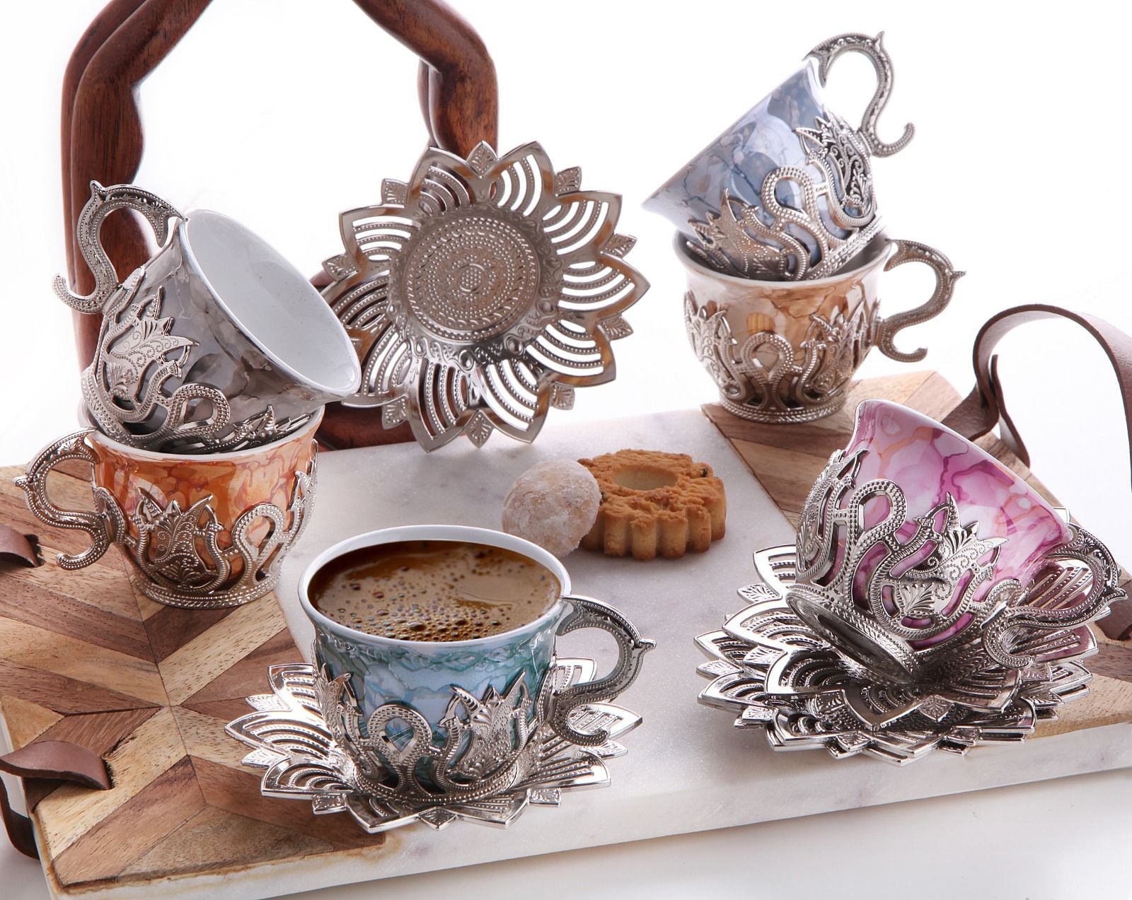 AHSEN TİRYAKİ DESENLİ KARIŞIK KAHVE SETİ GÜMÜŞ