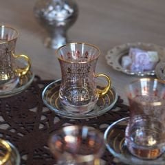 SELÇUKLU DESENLİ KULPLU ÇAY SETİ - ALTIN