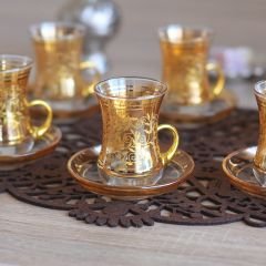 LÜSTER SARMAŞIK KULPLU ÇAY SETİ - SARI