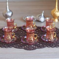 LÜSTER SARMAŞIK KULPLU ÇAY SETİ - PEMBE