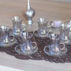 SELÇUKLU DESENLİ KULPLU ÇAY SETİ - GÜMÜŞ