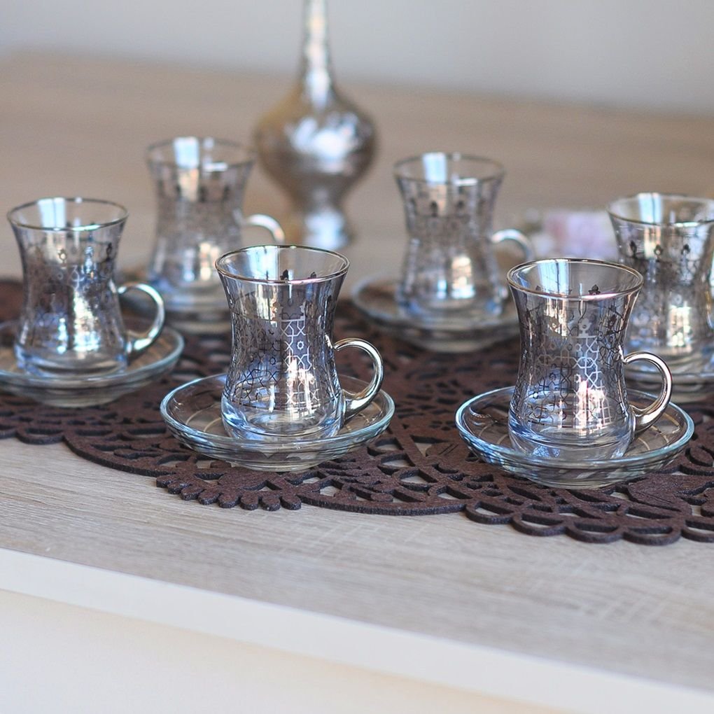SELÇUKLU DESENLİ KULPLU ÇAY SETİ - GÜMÜŞ