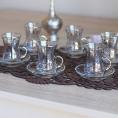 SELÇUKLU DESENLİ KULPLU ÇAY SETİ - GÜMÜŞ