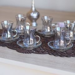 SELÇUKLU DESENLİ KULPLU ÇAY SETİ - GÜMÜŞ