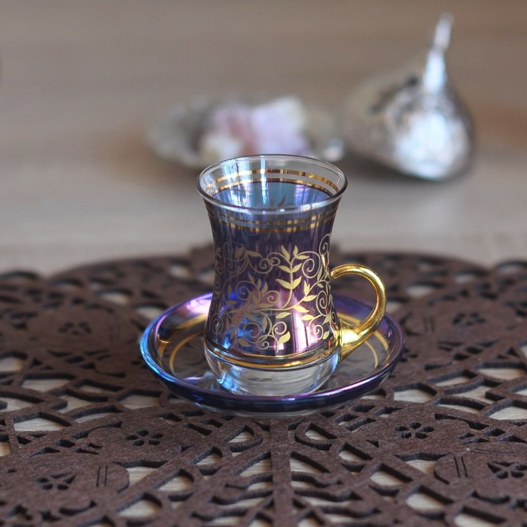 LÜSTER SARMAŞIK KULPLU ÇAY SETİ - LACİVERT