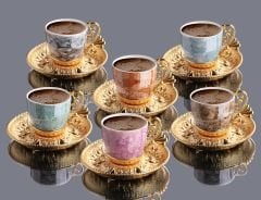LAL KARIŞIK DESENLİ KAHVE SETİ - ALTIN