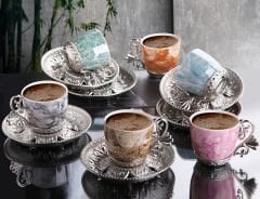 LAL KARIŞIK DESENLİ KAHVE SETİ - GÜMÜŞ