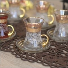 GRAVÜR DESENLİ KULPLU ÇAY SETİ ALTIN