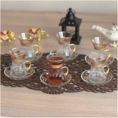 GRAVÜR DESENLİ KULPLU ÇAY SETİ ALTIN