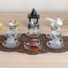 GRAVÜR DESENLİ KULPLU ÇAY SETİ - GÜMÜŞ