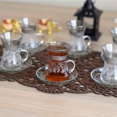 GRAVÜR DESENLİ KULPLU ÇAY SETİ - GÜMÜŞ