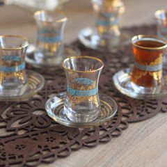 DANTEL GÖBEK GRAVÜR ÇAY SETİ TURKUAZ