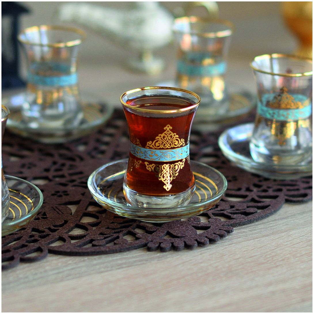 DANTEL GÖBEK GRAVÜR ÇAY SETİ TURKUAZ