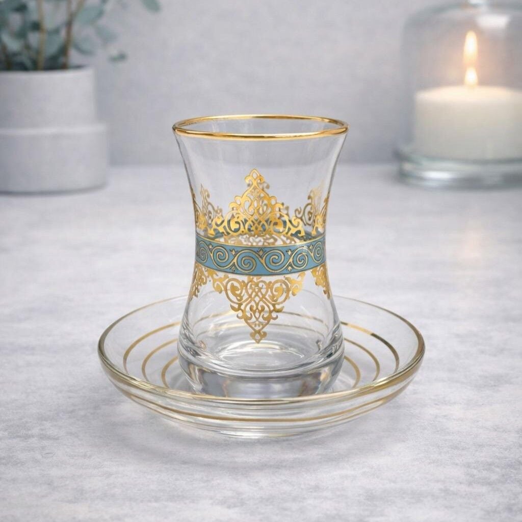 DANTEL GÖBEK GRAVÜR ÇAY SETİ TURKUAZ