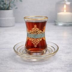DANTEL GÖBEK GRAVÜR ÇAY SETİ TURKUAZ
