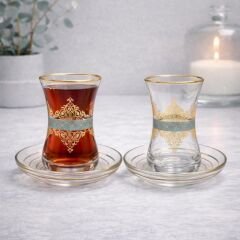DANTEL GÖBEK GRAVÜR ÇAY SETİ TURKUAZ