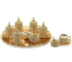 METAL TAŞLI OTANTİK KAHVE SETİ - ALTIN