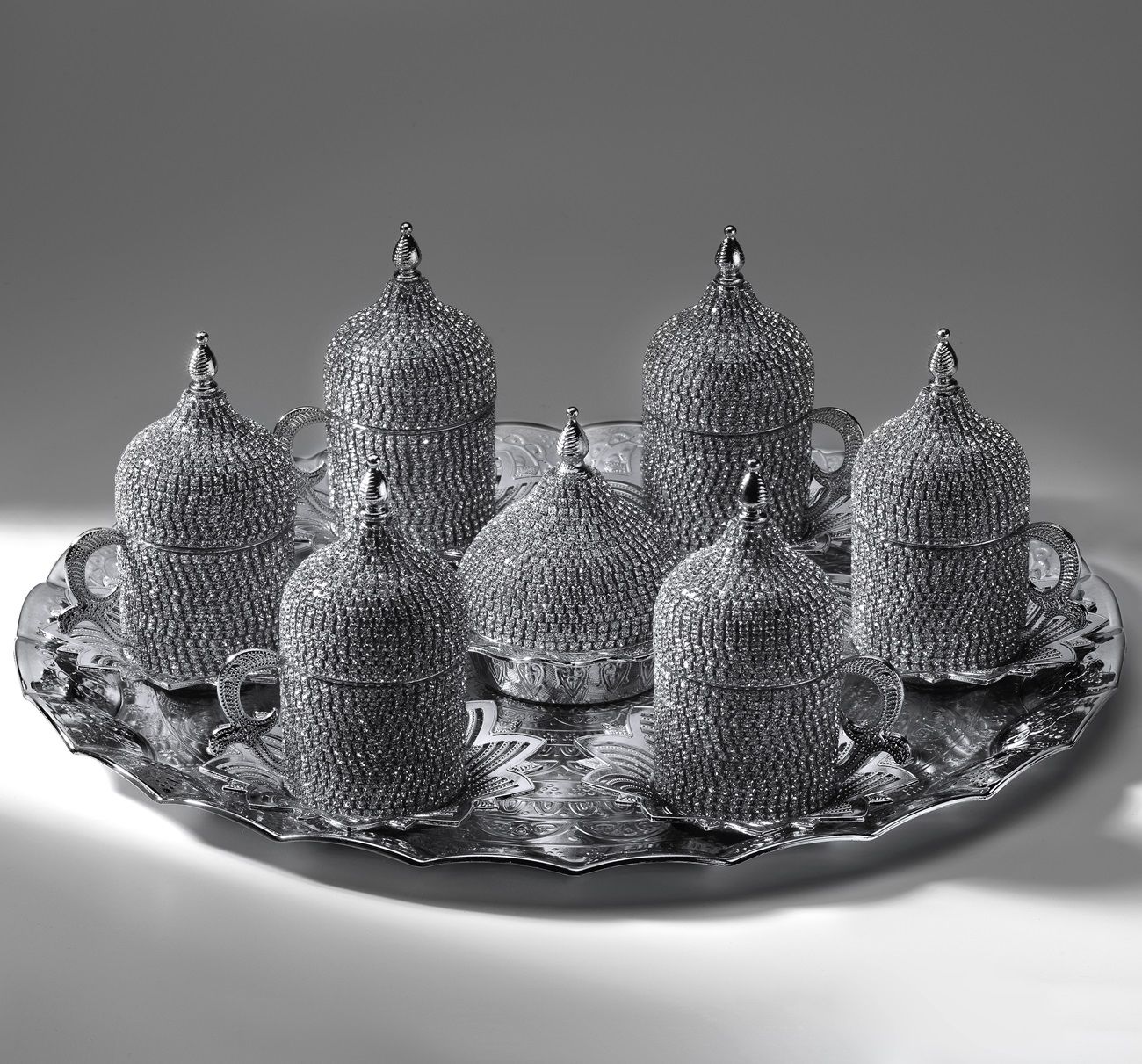 METAL TAŞLI OTANTİK KAHVE SETİ - GÜMÜŞ