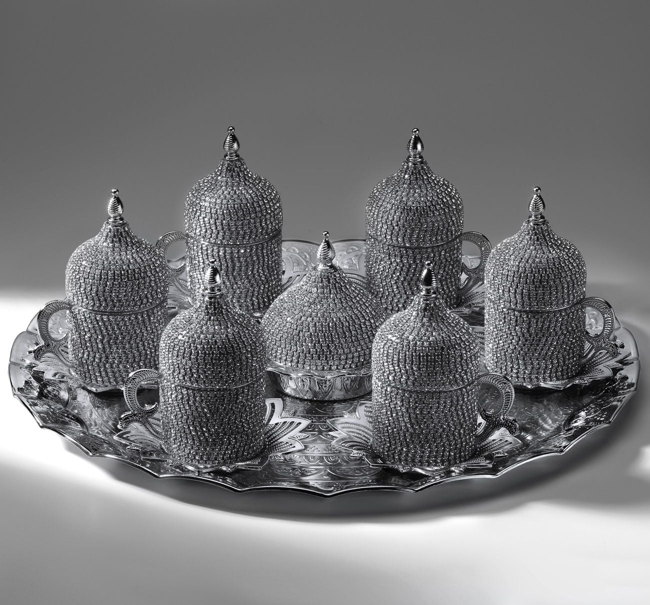 METAL TAŞLI OTANTİK KAHVE SETİ - GÜMÜŞ