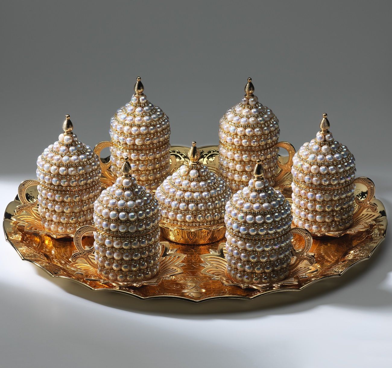 METAL İNCİLİ OTANTİK KAHVE SETİ - ALTIN