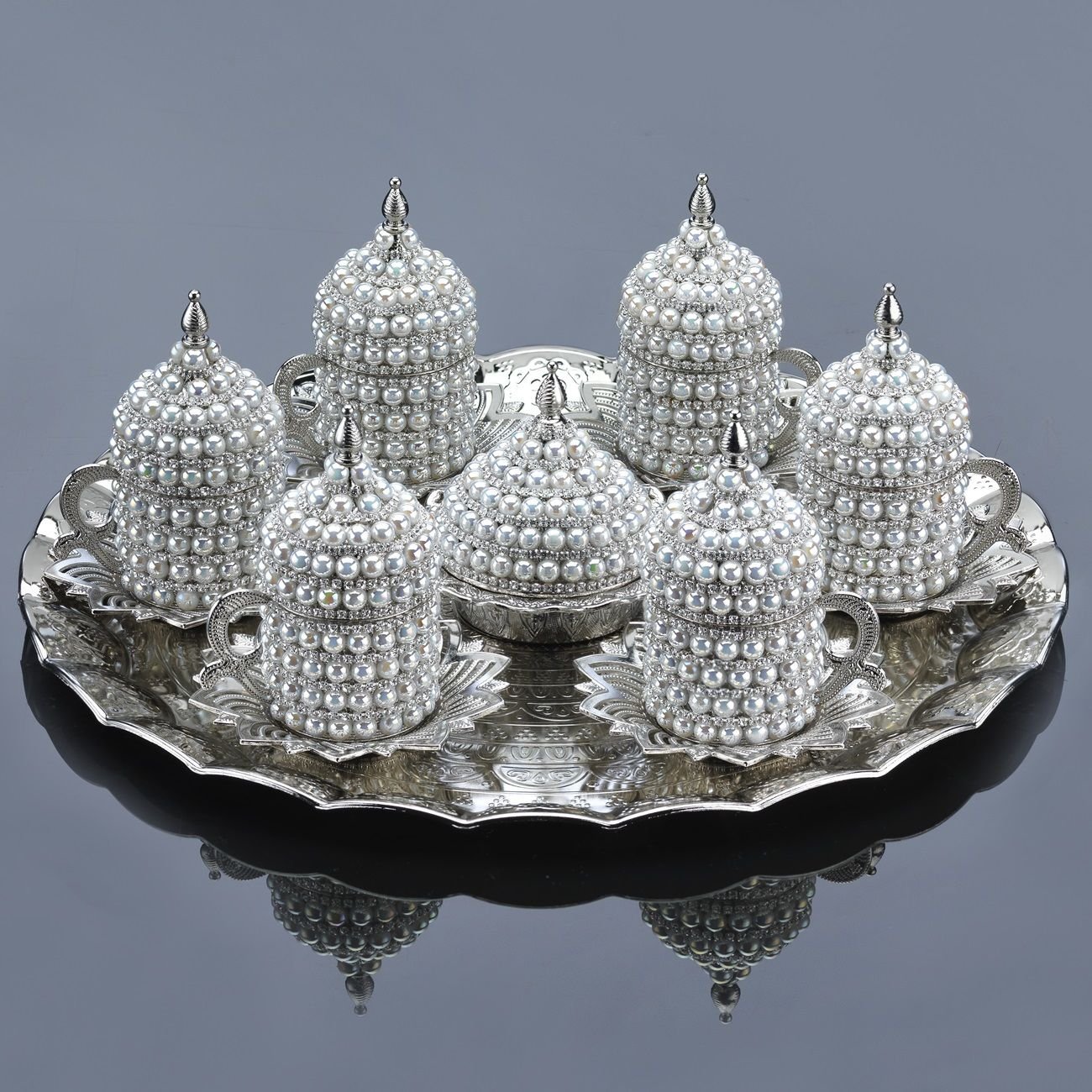 METAL İNCİLİ OTANTİK KAHVE SETİ - GÜMÜŞ