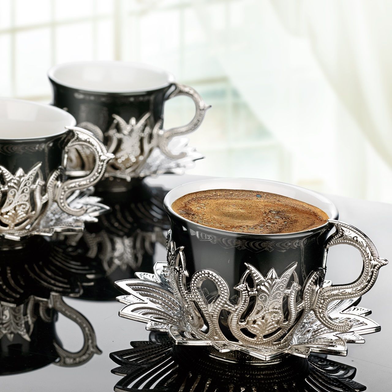 AHSEN TİRYAKİ SİYAH KAHVE SETİ - GÜMÜŞ