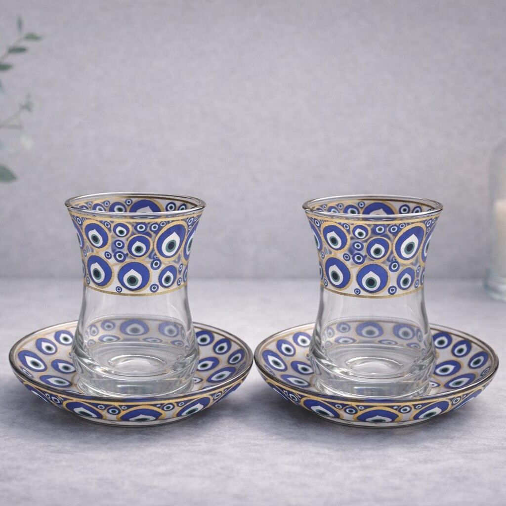 ÇİNİLİ ÇOKLU NAZAR DESENLİ ÇAY SETİ İkili Set