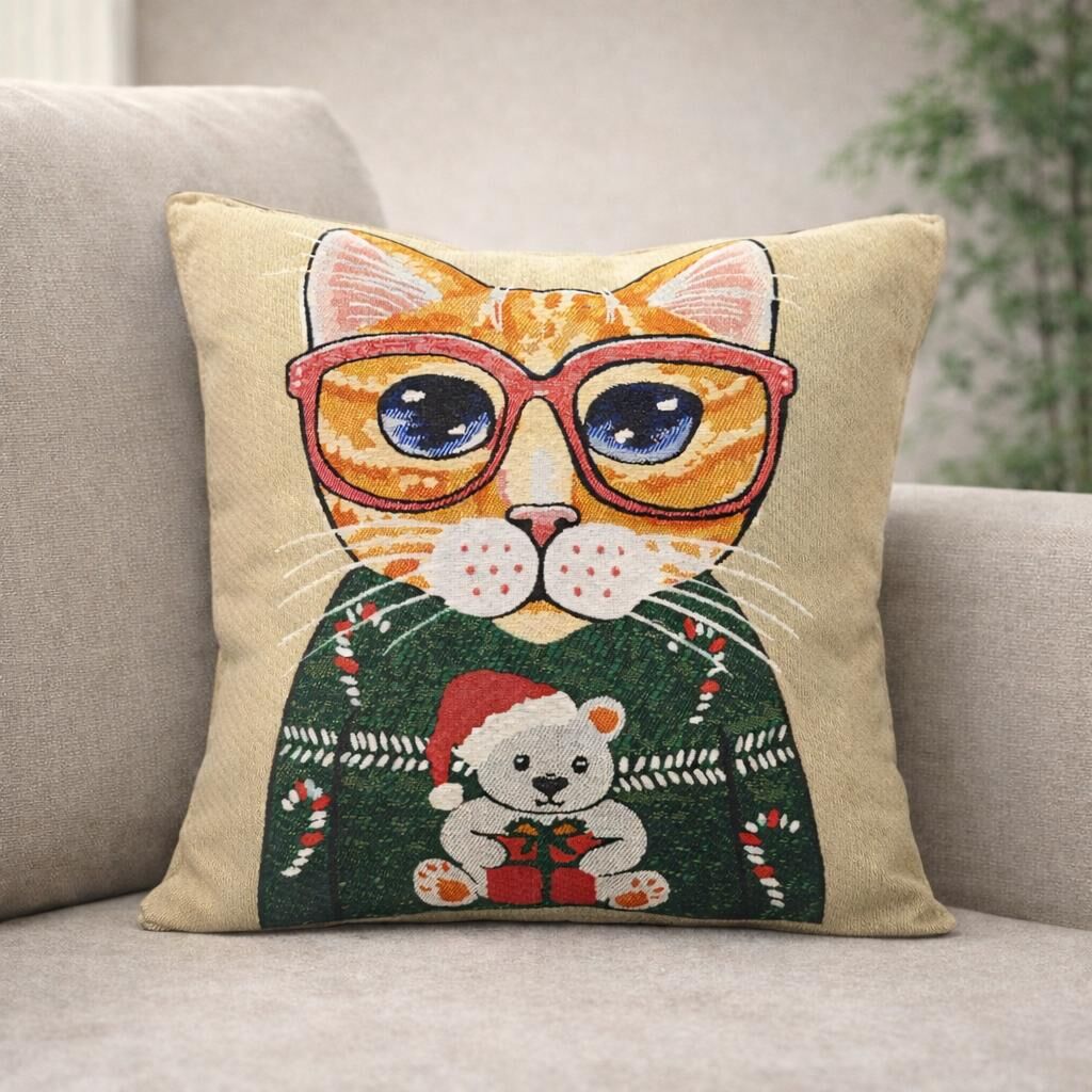 GÖZLÜKLÜ KEDİ DESENLİ DEKORATİF YASTIK KILIFI KIRLENT 45x45 CM.