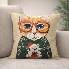 GÖZLÜKLÜ KEDİ DESENLİ DEKORATİF YASTIK KILIFI KIRLENT 45x45 CM.