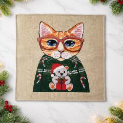 GÖZLÜKLÜ KEDİ DESENLİ DEKORATİF YASTIK KILIFI KIRLENT 45x45 CM.