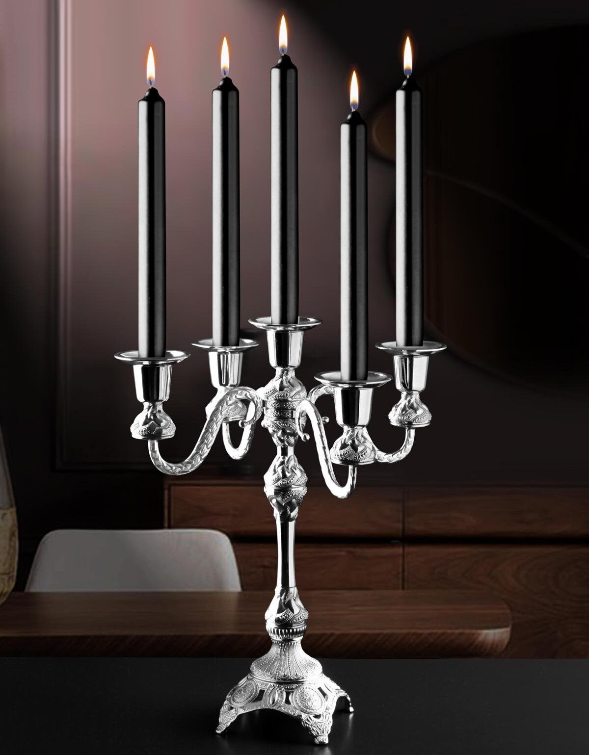 5 KOLLU KÜÇÜK ŞAMDAN – GÜMÜŞ | 29 CM