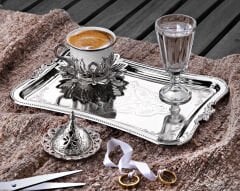 GÜMÜŞ RENK İŞLEMELİ DAMAT KAHVESİ SETİ