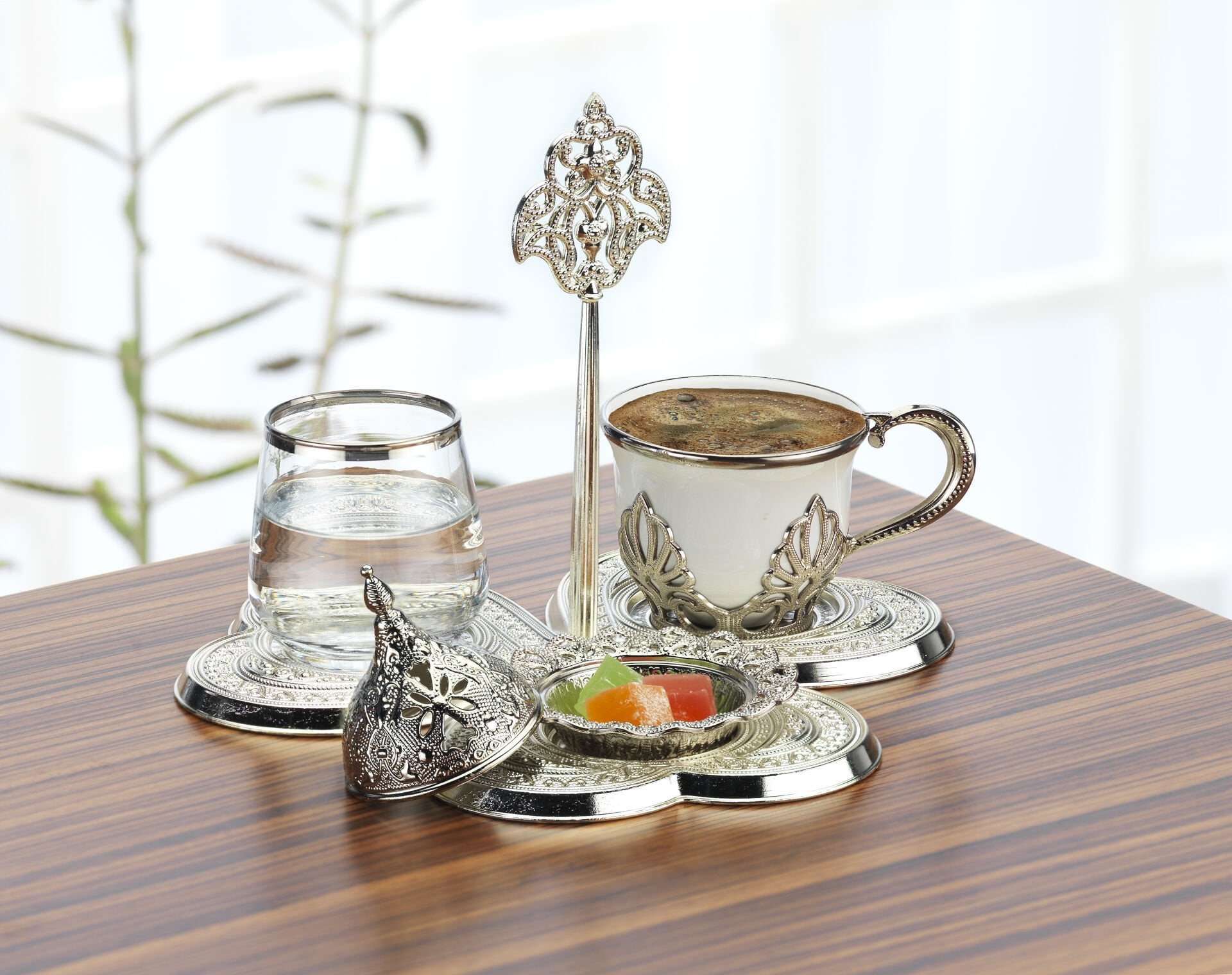 GÜMÜŞ RENK DAMAT KAHVESİ SETİ